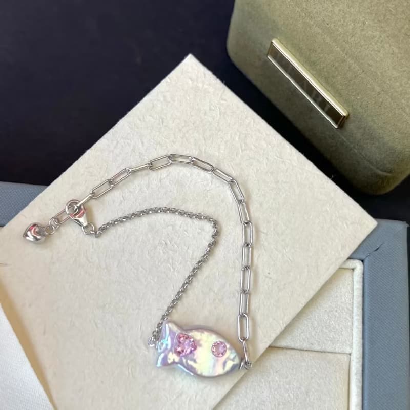 YuanPearl天然巴洛克小魚形狀珍珠手鍊設計款純銀手鍊