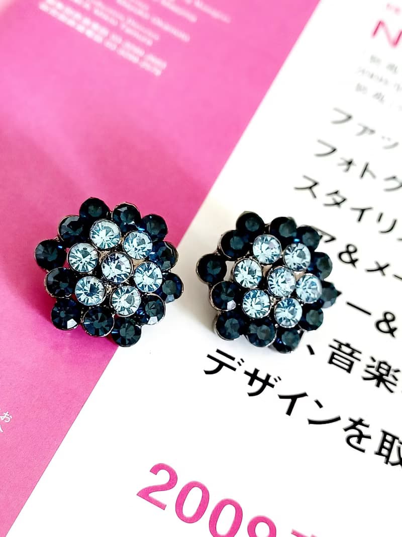 vintage jewelry  華麗小藍花萊茵鑽 夾式耳環