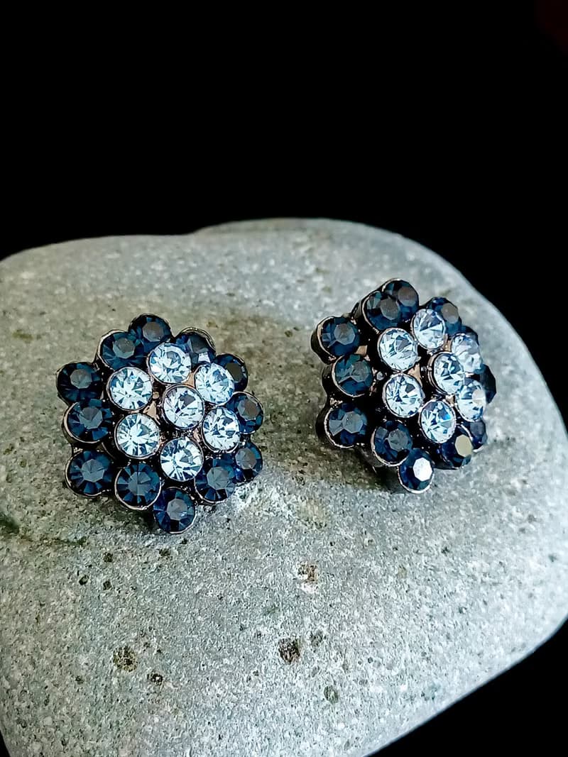 vintage jewelry  華麗小藍花萊茵鑽 夾式耳環