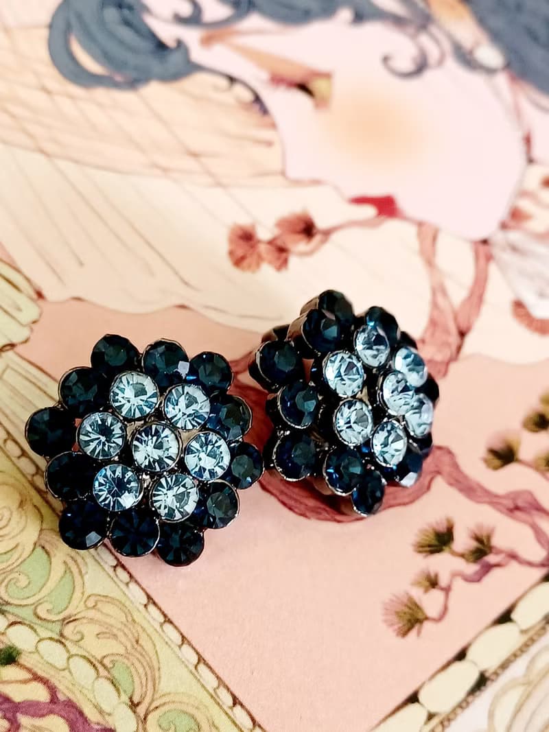 vintage jewelry  華麗小藍花萊茵鑽 夾式耳環