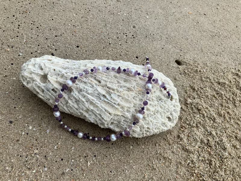 Amethyst and Flash water pearl  minimalist necklace,母親節禮物