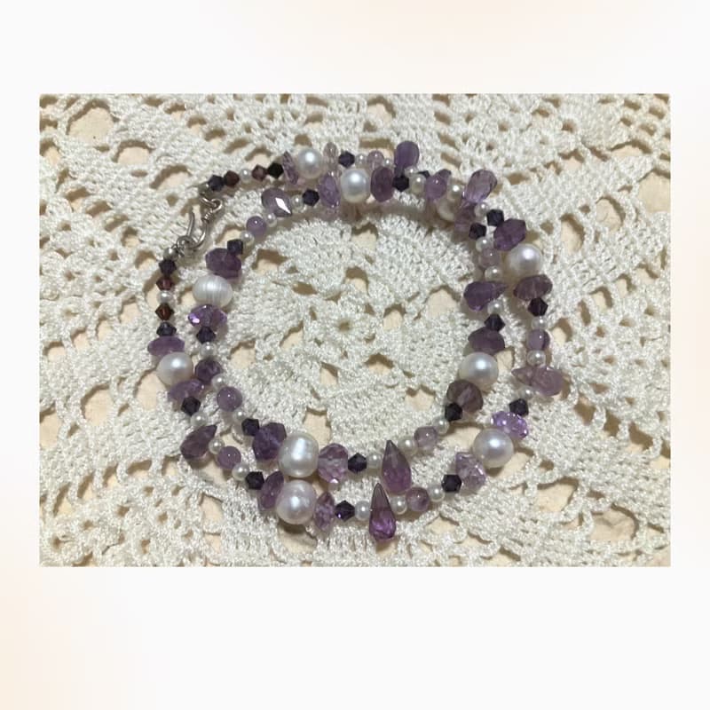 Amethyst and Flash water pearl  minimalist necklace,母親節禮物
