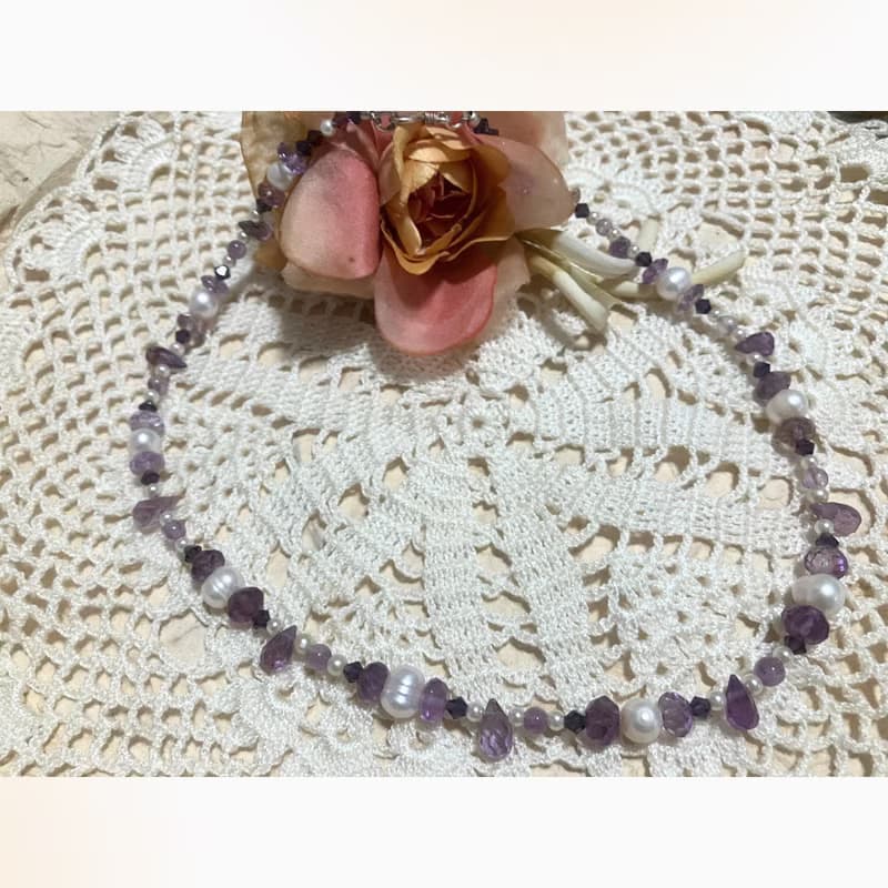 Amethyst and Flash water pearl  minimalist necklace,母親節禮物