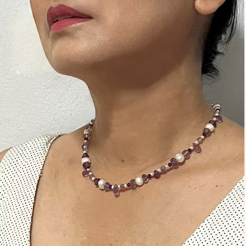 Amethyst and Flash water pearl  minimalist necklace,母親節禮物