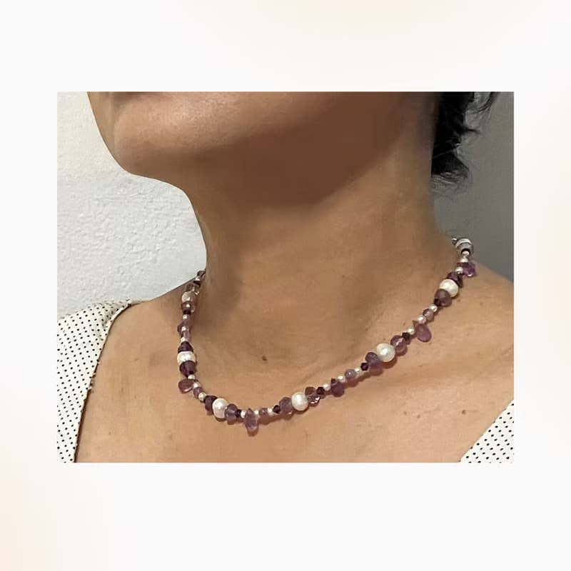 Amethyst and Flash water pearl  minimalist necklace,母親節禮物