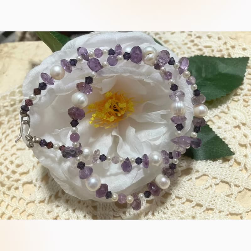 Amethyst and Flash water pearl  minimalist necklace,母親節禮物