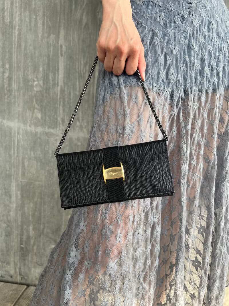 Ferragamo黑色紋理皮革長夾肩背手提斜肩包 送肩帶 日本中古