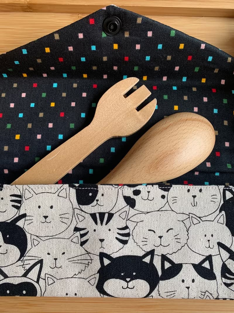 文青風環保筷袋 ~潮帥貓咪 耐看米白 收納 手作餐具袋