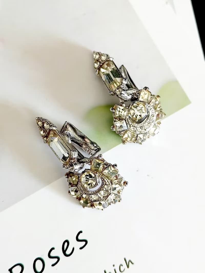vintage jewelry  古董藝術透明萊茵吊飾 夾式耳環
