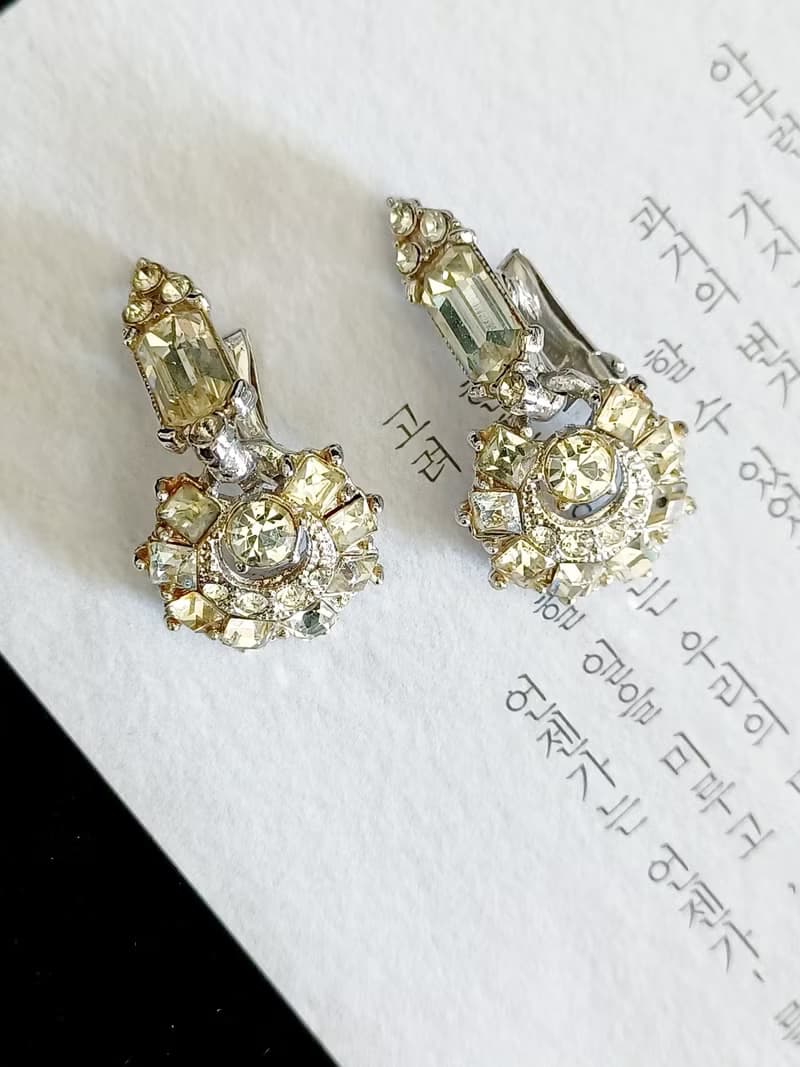 vintage jewelry  古董藝術透明萊茵吊飾 夾式耳環