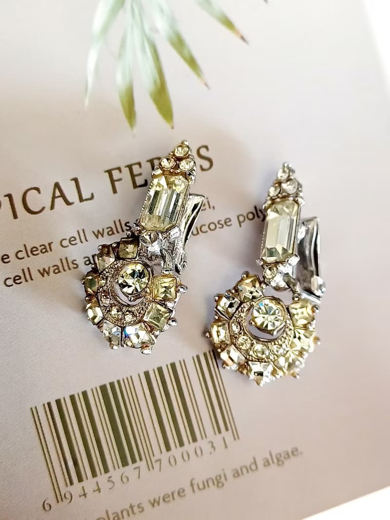 vintage jewelry  古董藝術透明萊茵吊飾 夾式耳環