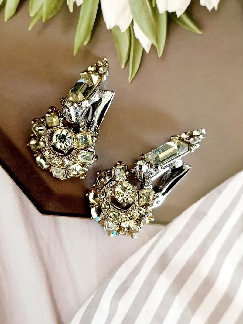 vintage jewelry  古董藝術透明萊茵吊飾 夾式耳環