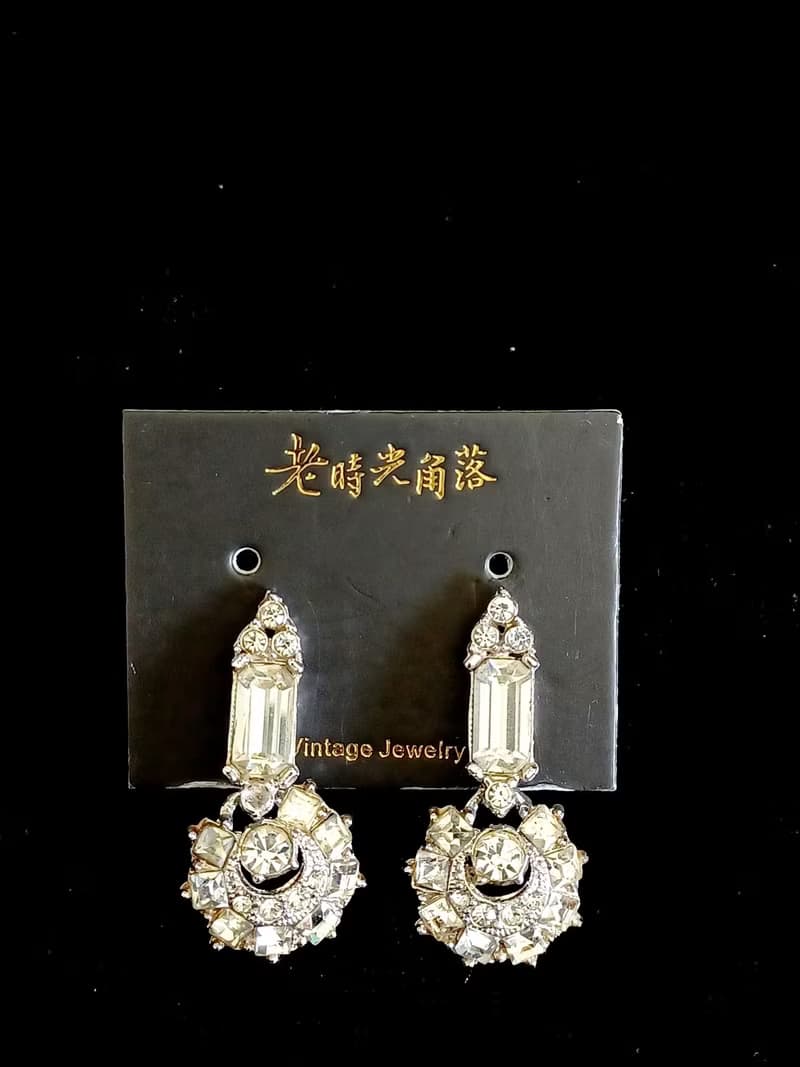vintage jewelry  古董藝術透明萊茵吊飾 夾式耳環