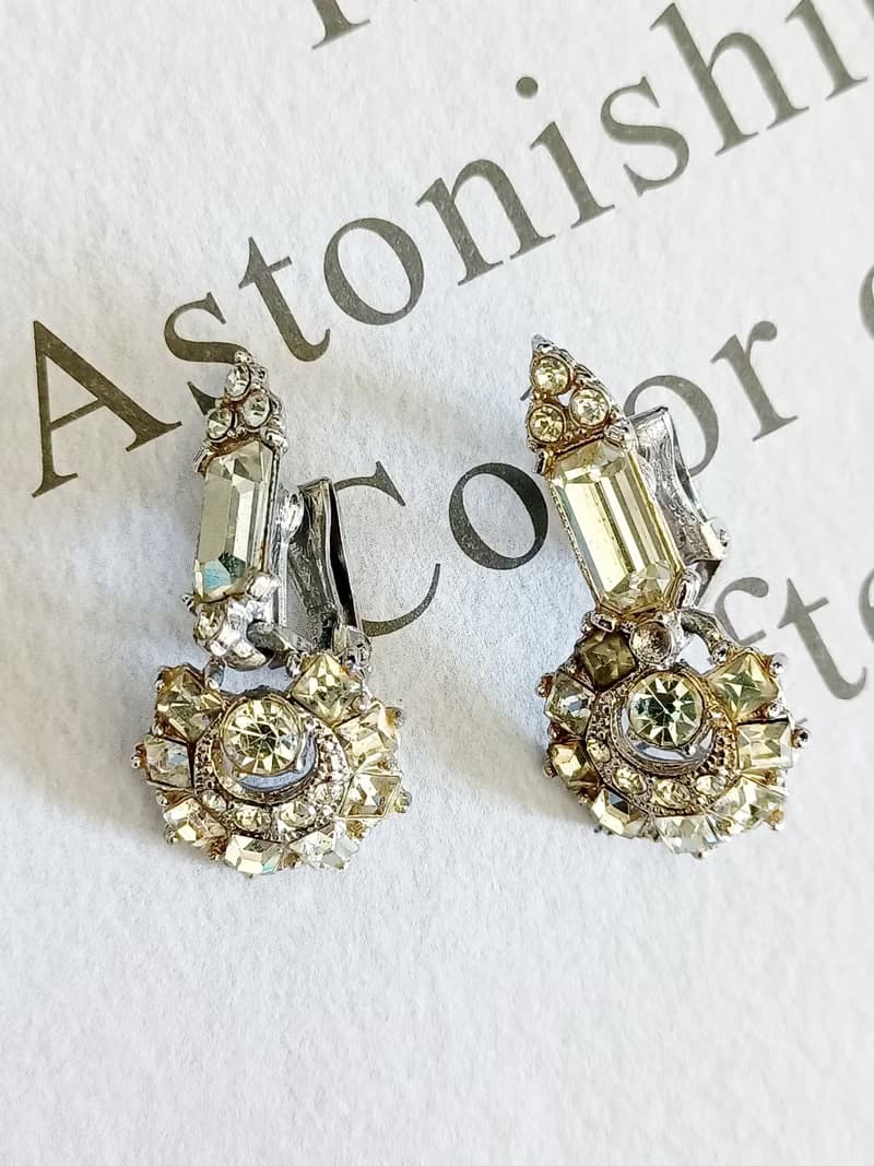 vintage jewelry  古董藝術透明萊茵吊飾 夾式耳環