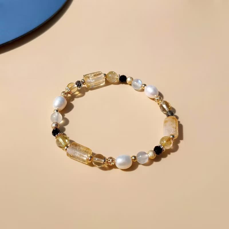 光暗。黃水晶 淡水珍珠 月光石 14K包金 水晶礦石設計手鍊