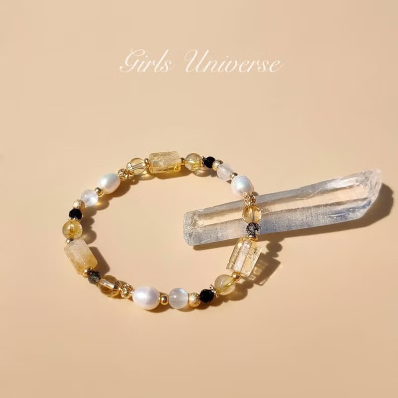 光暗。黃水晶 淡水珍珠 月光石 14K包金 水晶礦石設計手鍊