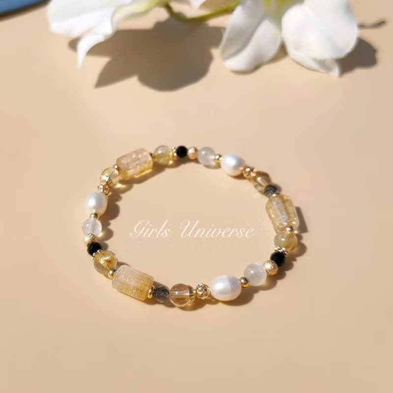 光暗。黃水晶 淡水珍珠 月光石 14K包金 水晶礦石設計手鍊