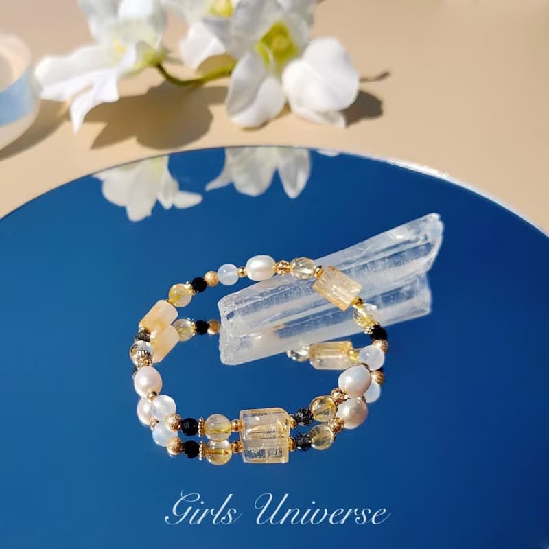 光暗。黃水晶 淡水珍珠 月光石 14K包金 水晶礦石設計手鍊