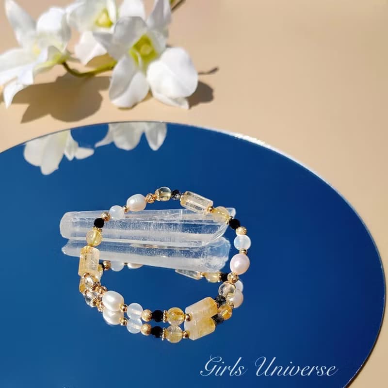 光暗。黃水晶 淡水珍珠 月光石 14K包金 水晶礦石設計手鍊