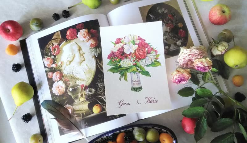 Custom Wedding Bouquet Painting Watercolor Bridal flowers Anniversary gift wife