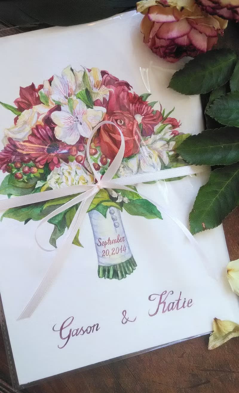 Custom Wedding Bouquet Painting Watercolor Bridal flowers Anniversary gift wife