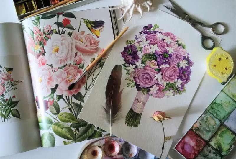 Custom Wedding Bouquet Painting Watercolor Bridal flowers Anniversary gift wife