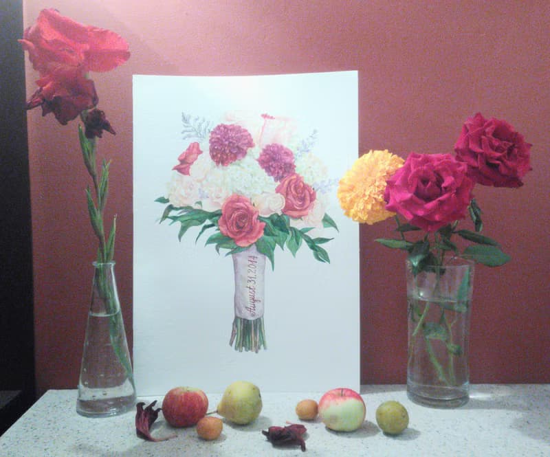 Custom Wedding Bouquet Painting Watercolor Bridal flowers Anniversary gift wife