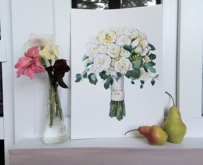 Custom Wedding Bouquet Painting Watercolor Bridal flowers Anniversary gift wife