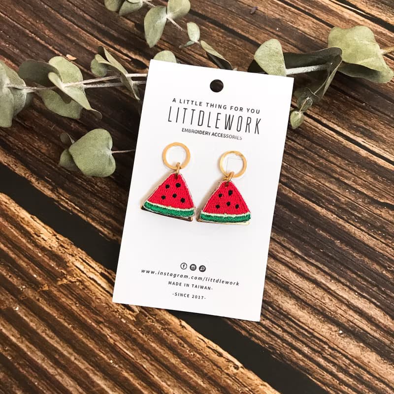 刺繡耳環 | 耳夾 / 耳釘 / 耳勾 - 搖搖西瓜(無標)