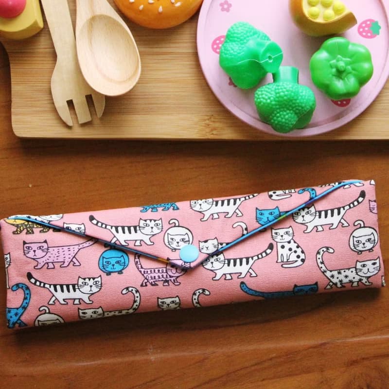 文青風環保筷袋 ~轉角愛上貓 粉 收納包.環保筷袋.手作餐具袋