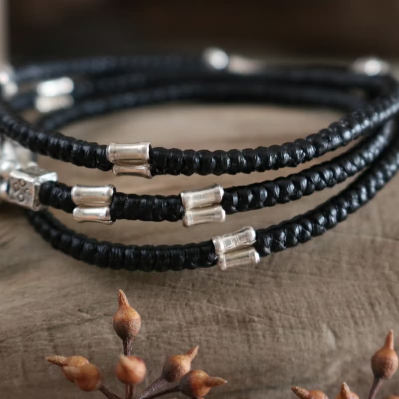 三圈手工編織蠟線手鍊搭配珠和吊飾泰銀 純銀笑臉手鍊 泰國手作