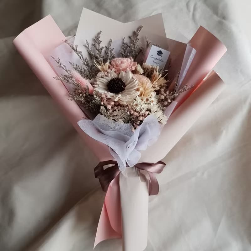 乾燥花蓪草向日葵花束|畢業 祝賀 生日 慶祝 學士帽 |M|粉藍黃紫