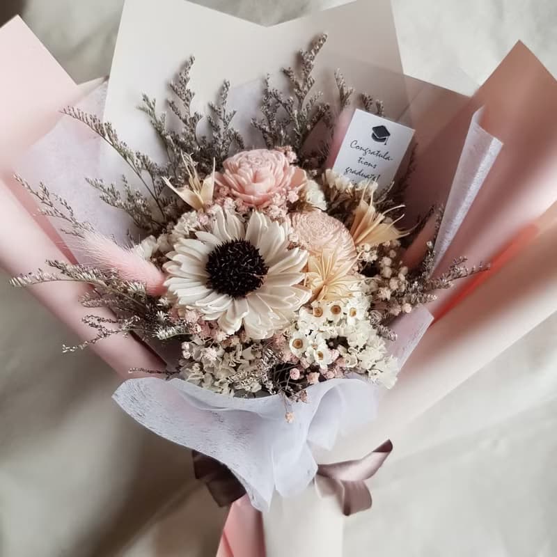 乾燥花蓪草向日葵花束|畢業 祝賀 生日 慶祝 學士帽 |M|粉藍黃紫