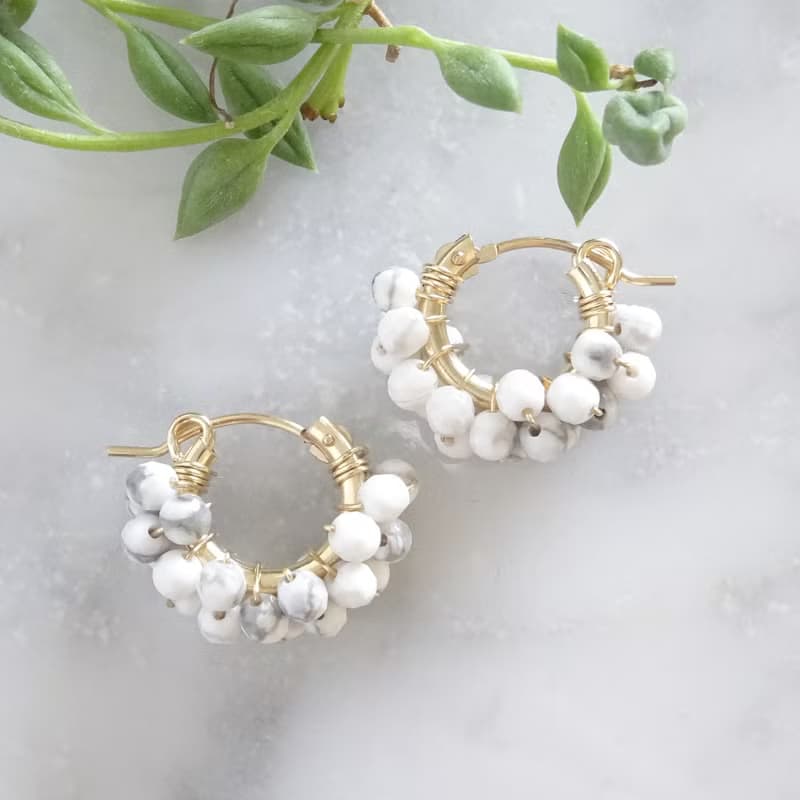 14kgf Howlite pave pierced earrings / clip on earrings