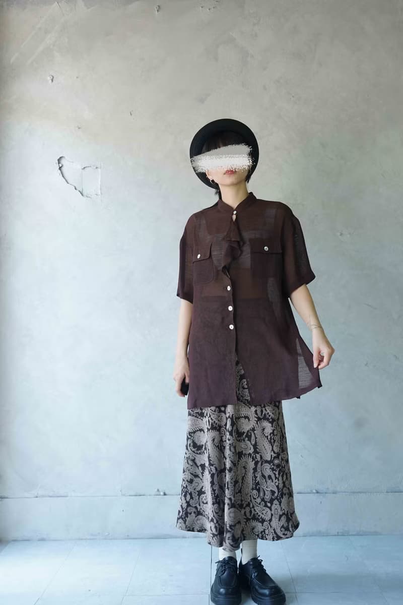 尋寶古著-苦巧克力深咖啡色垂墜領開襟透膚復古有型襯衫