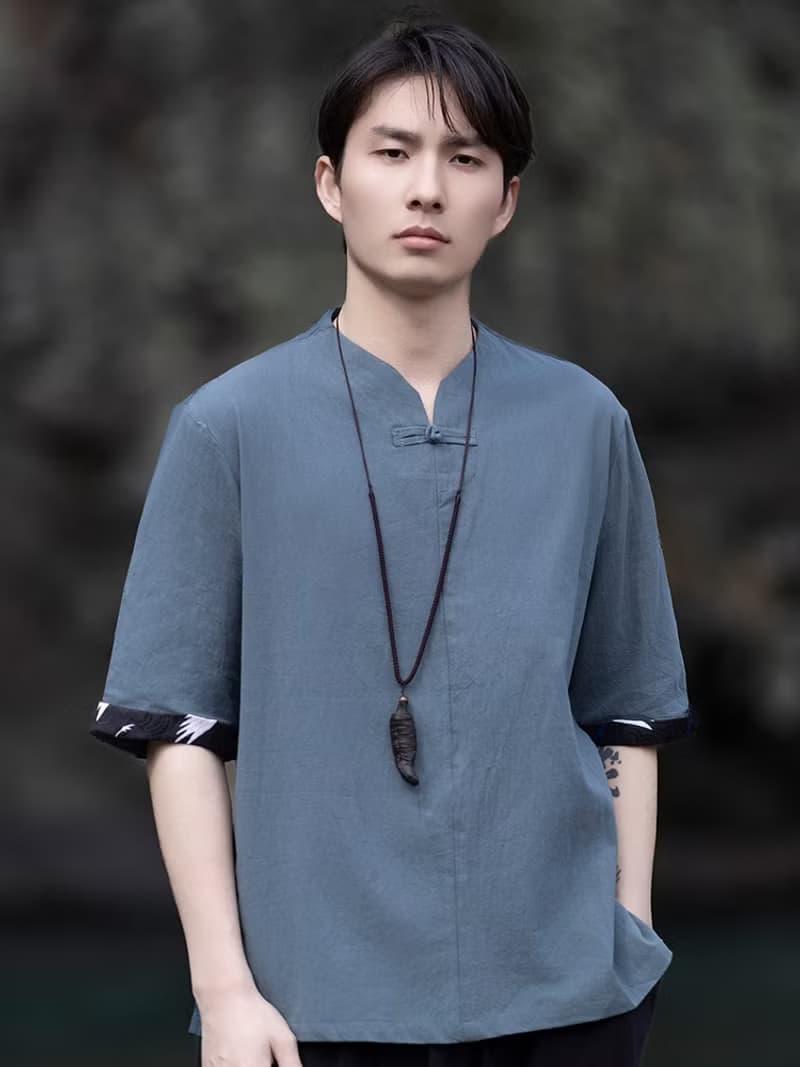新中式復古 亞麻盤扣短袖襯衫 中國風唐裝