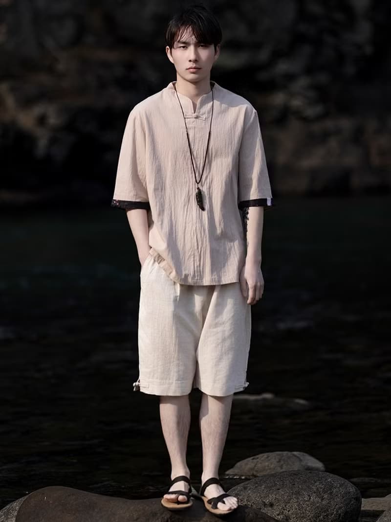 新中式復古 亞麻盤扣短袖襯衫 中國風唐裝
