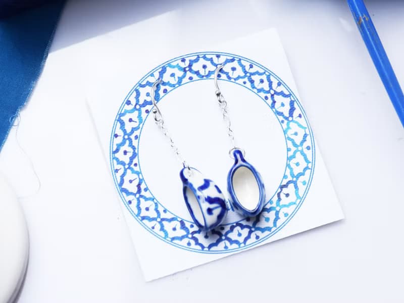MINI PINEAPPLE TEA CUP, HAND-PAINTED CERAMIC EARRING WITH SILVER 92.5%