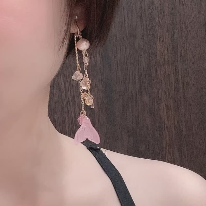 蝶與魚共舞 琉璃珠x棉珍珠 手作療癒系耳環 無痛耳夾/耳針