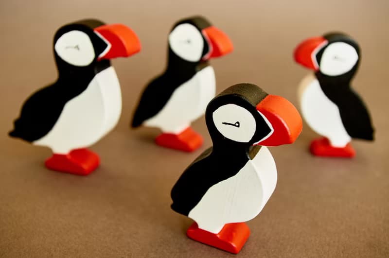 Wooden Puffins animals toys figurines baby, gift box for toddler