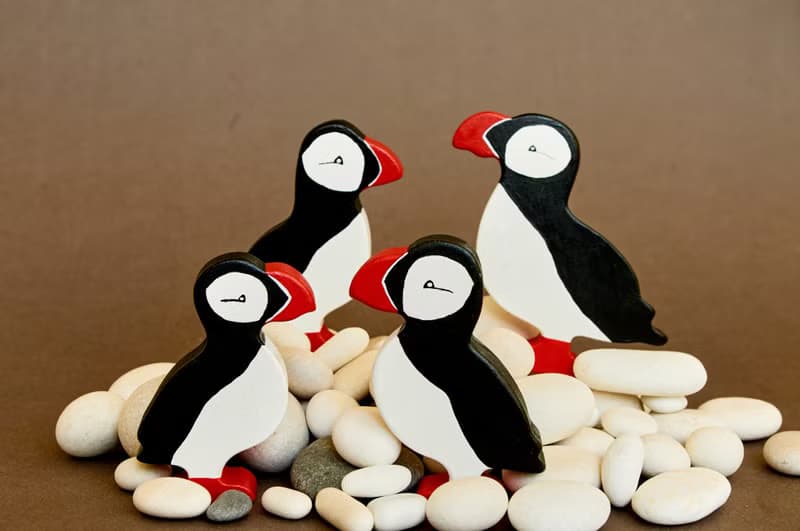 Wooden Puffins animals toys figurines baby, gift box for toddler