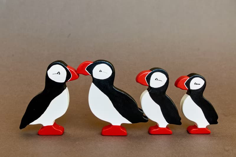 Wooden Puffins animals toys figurines baby, gift box for toddler