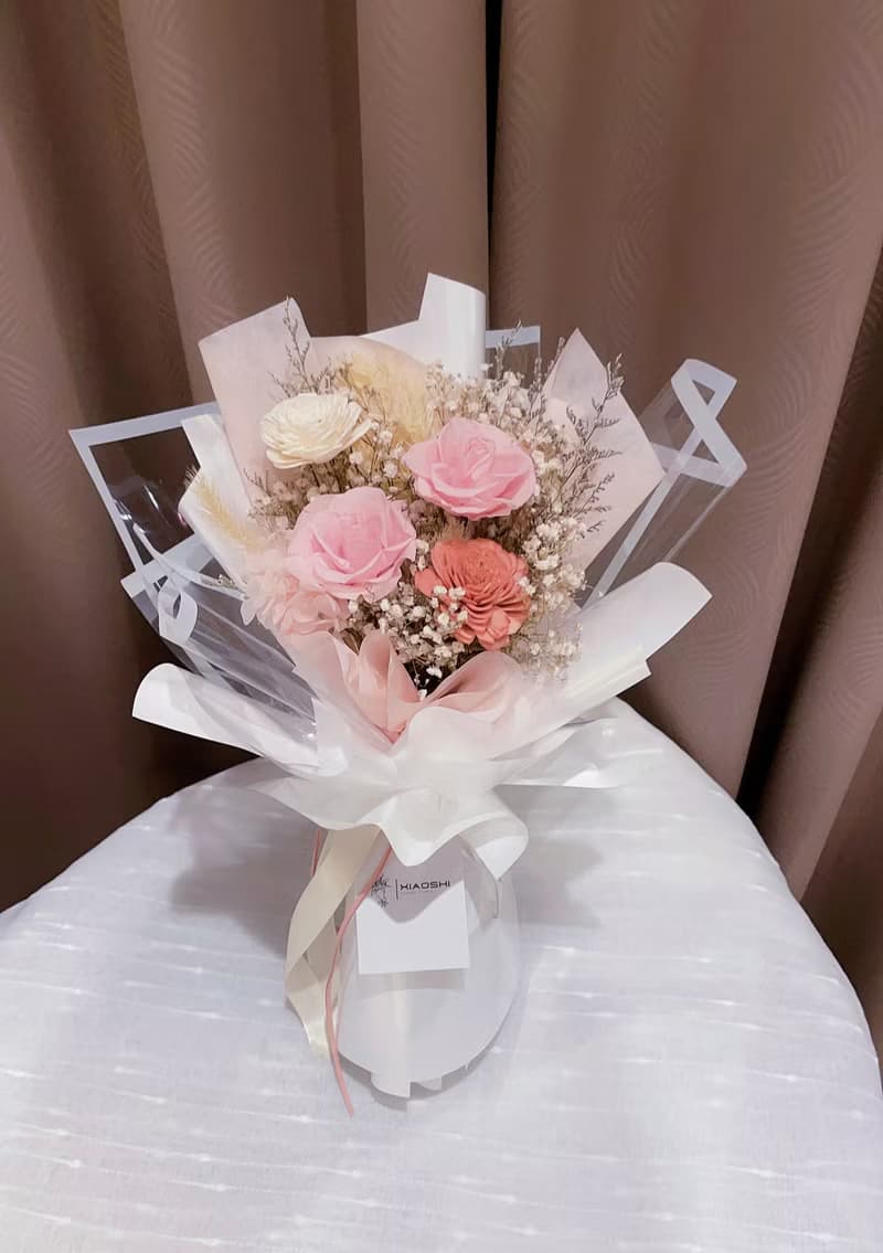 奶杏粉永生花花束 七夕花束 情人節花束 乾燥花花束 告白花束