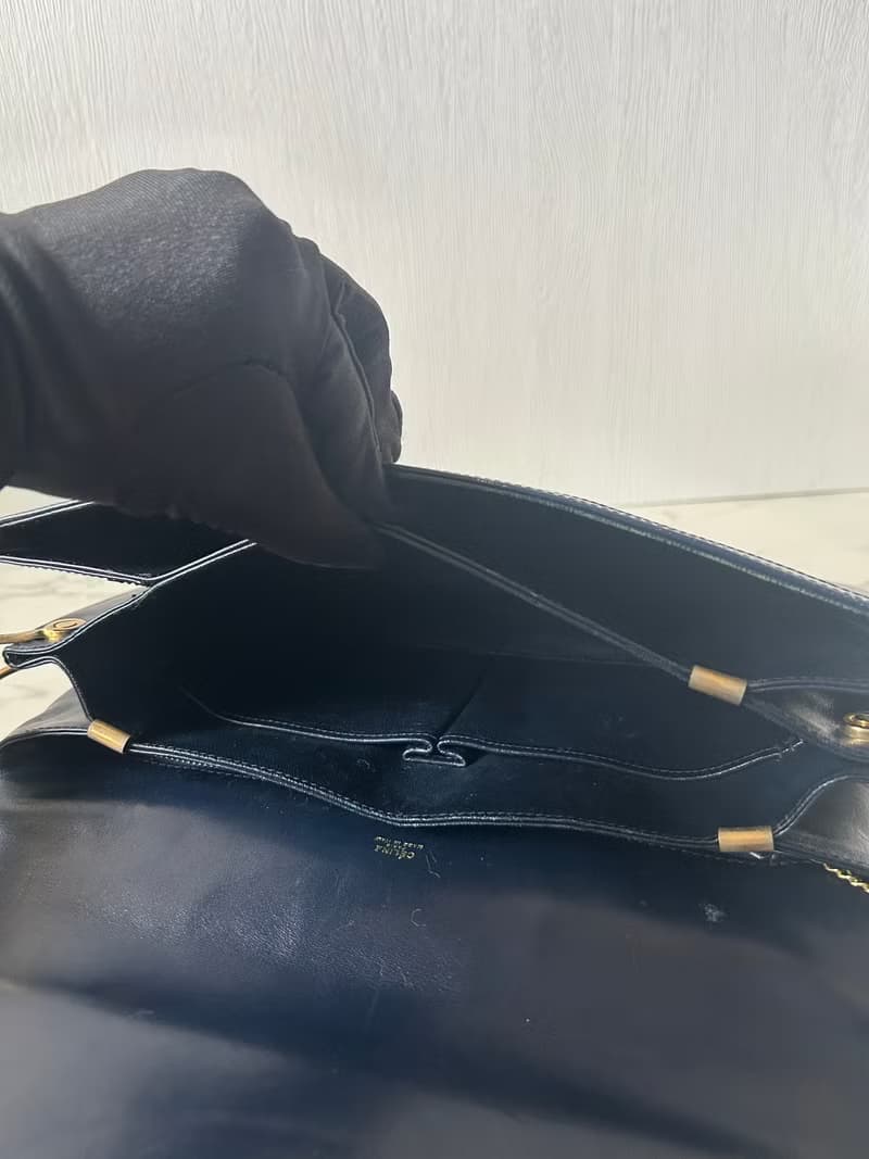 稀有中古二手Celine海軍藍拼白色馬車金扣皮革單肩側背斜孭包手袋