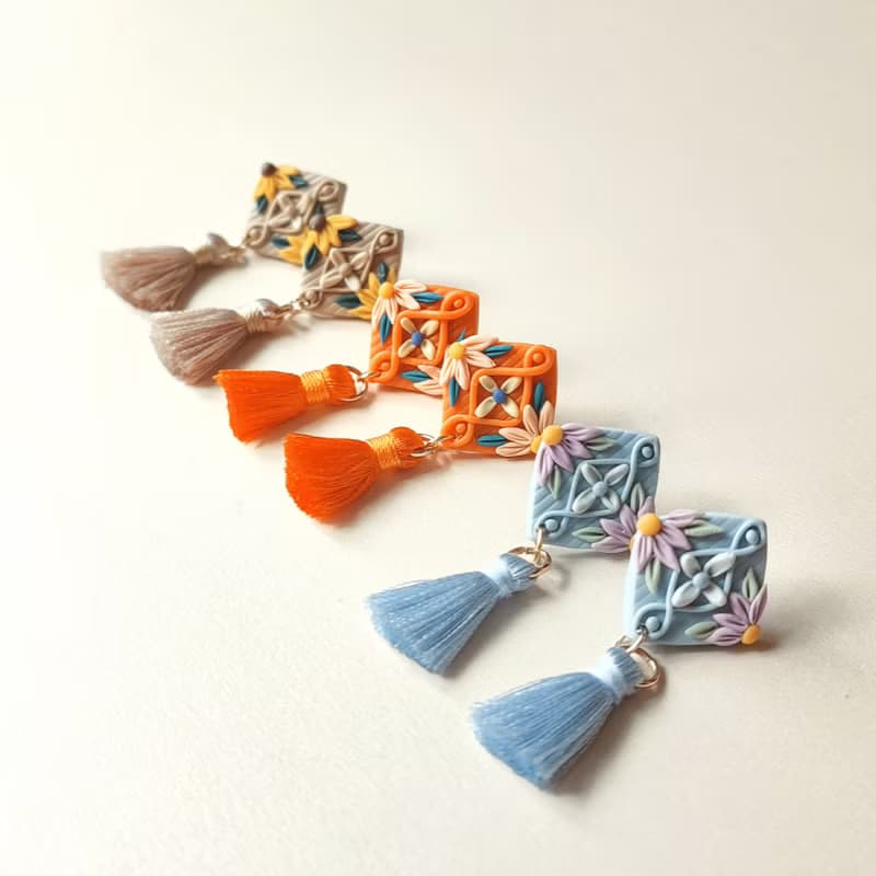 bi winter //菊花毛衣流蘇手工軟陶耳環