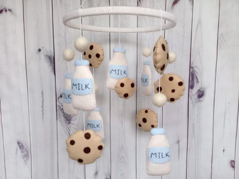Cookies Milk Baby Mobile, Biscuit Nursery Decor, Bottle of Milk, Felt Pom Balls