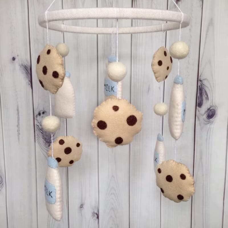 Cookies Milk Baby Mobile, Biscuit Nursery Decor, Bottle of Milk, Felt Pom Balls