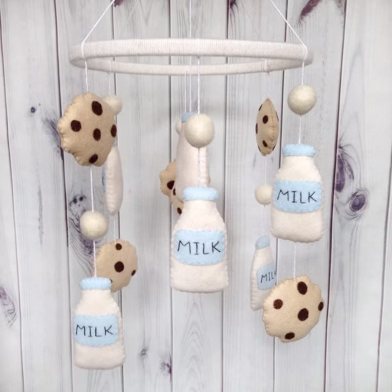 Cookies Milk Baby Mobile, Biscuit Nursery Decor, Bottle of Milk, Felt Pom Balls
