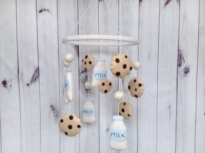 Cookies Milk Baby Mobile, Biscuit Nursery Decor, Bottle of Milk, Felt Pom Balls
