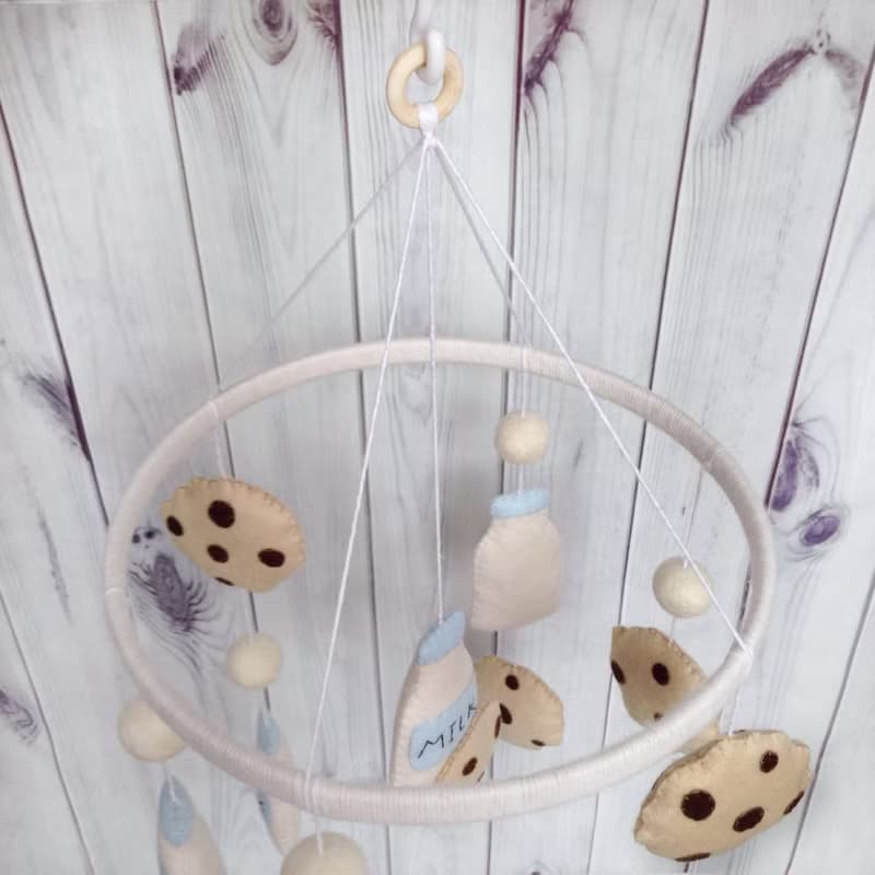 Cookies Milk Baby Mobile, Biscuit Nursery Decor, Bottle of Milk, Felt Pom Balls